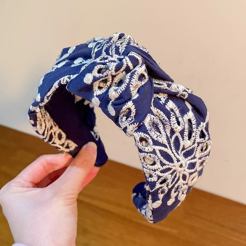 blue lace embroidered headband