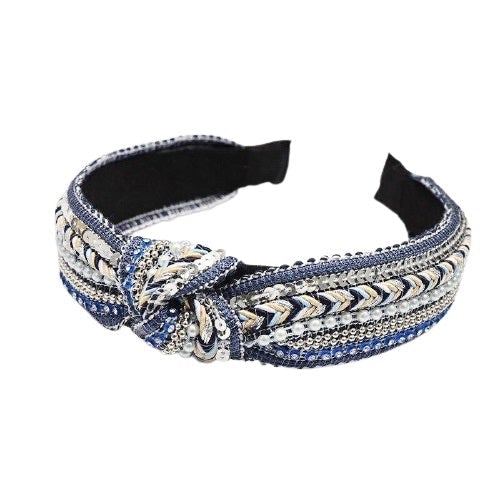 Blue Boho headband - embroidery and beads in blue